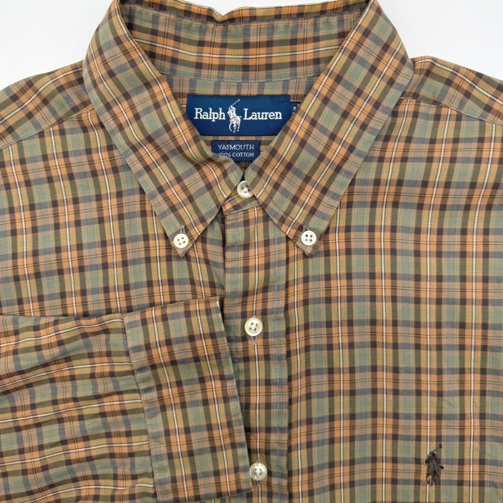 Ralph Lauren Yarmouth Shirt Mens 17 36/37 Brown Green Plaid Cotton Button Down‎